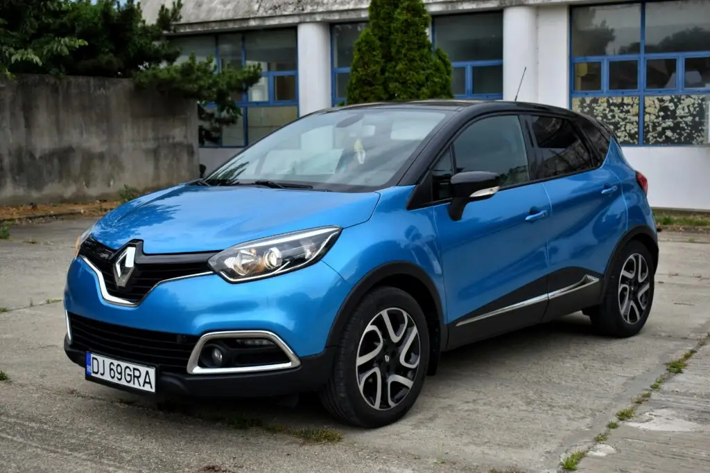 A blue Renault Captur parked in an urban outdoor setting, featuring modern design.